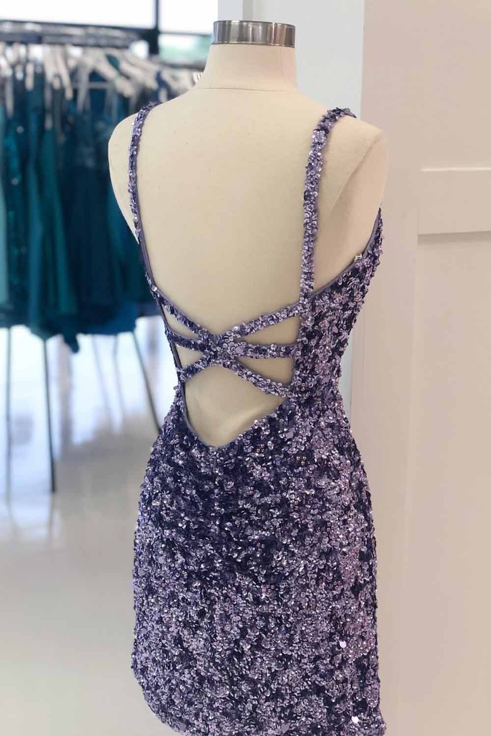 Sheath Spaghetti Straps Purple Homecoming Dress Sequin Short Cocktail Dress