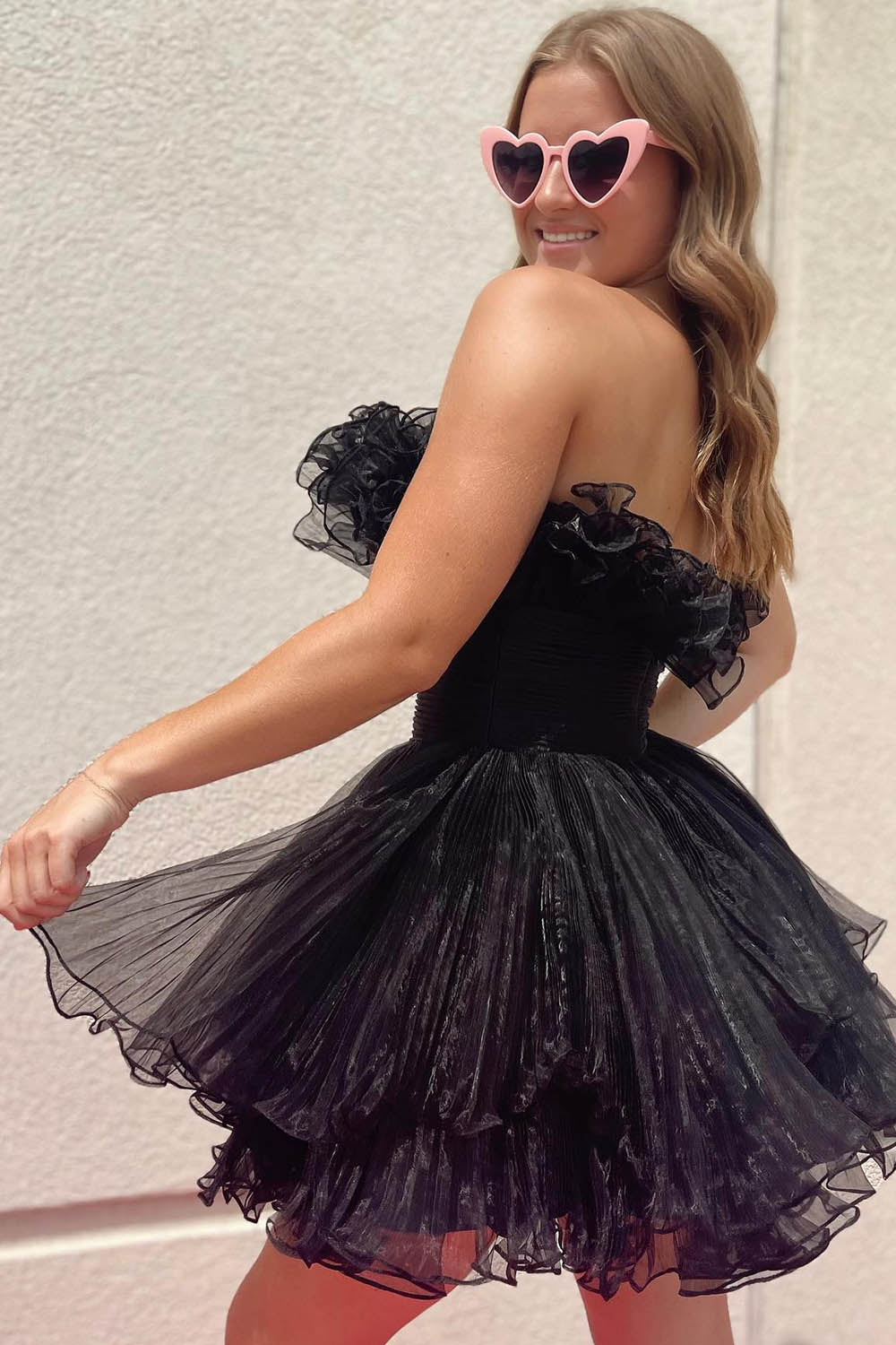 Simple Homecoming Dress Strapless Tiered Tulle A-Line Short Prom Dress