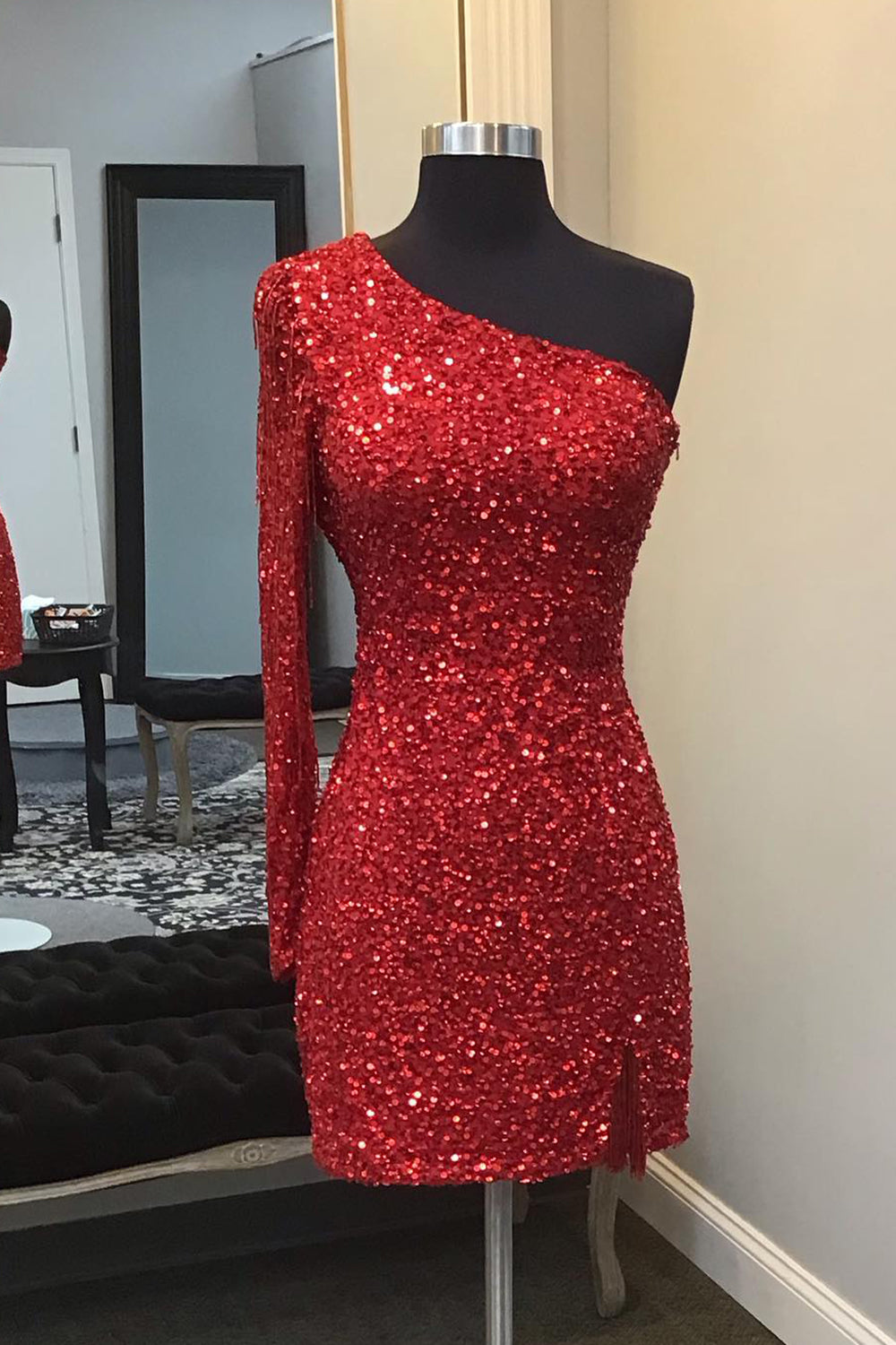 Red Homecoming Dress One Shoulder Backless Sequin Fringed Tight Short Prom Dress