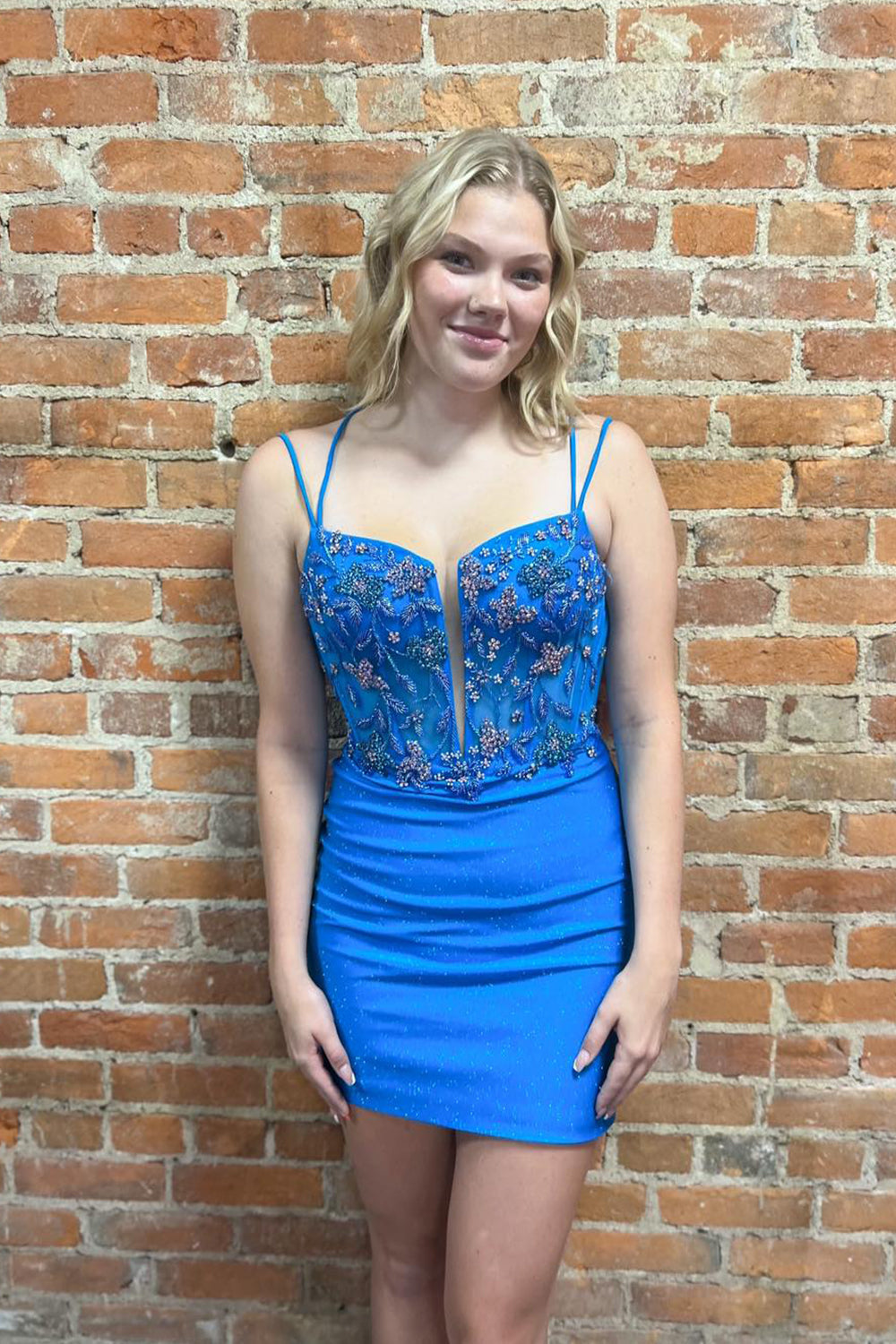 Glitter Blue Homecoming Dress Spaghetti Straps Corset Tight Short Beaded Prom Dress