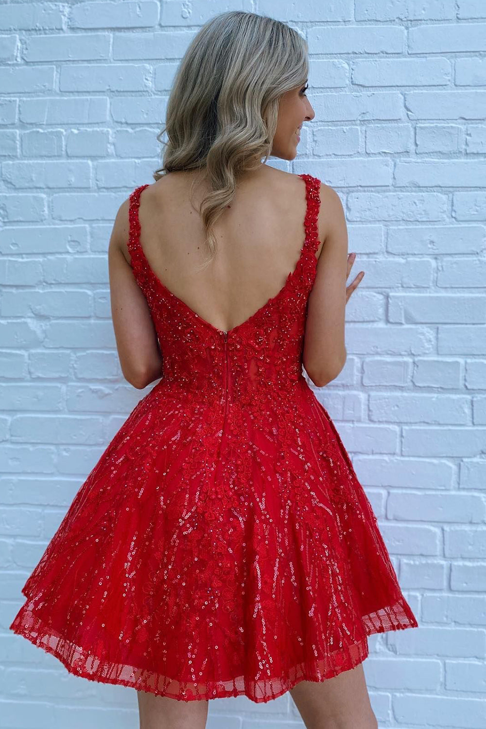 Red Homecoming Dress Sequin A-Line Short Prom Dress with Pockets