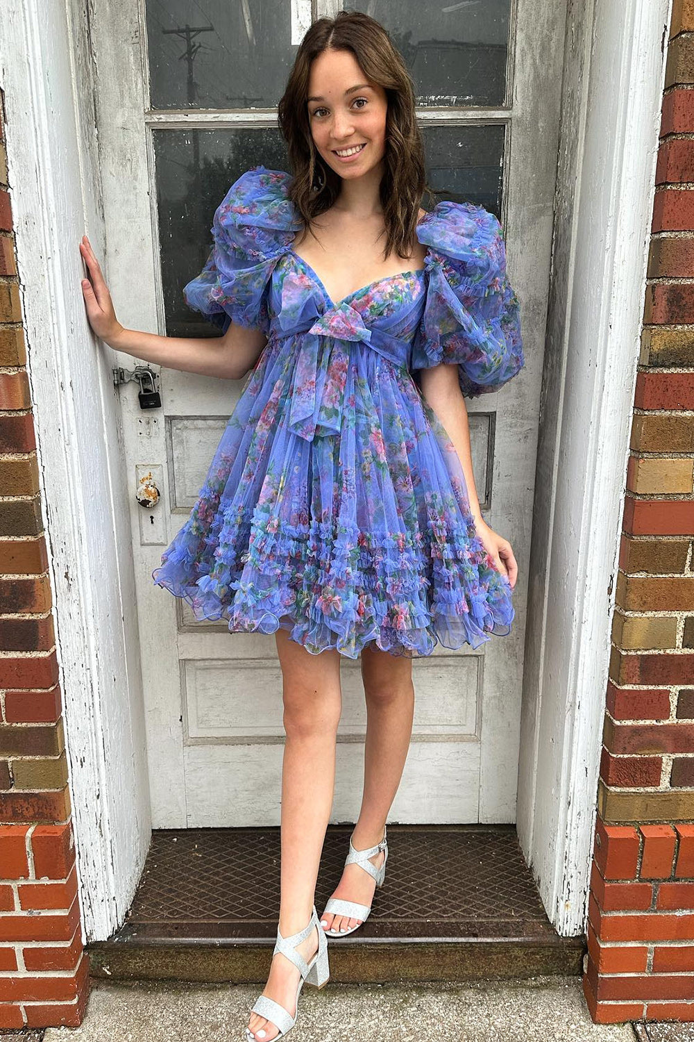 Blue Homecoming Dress Puff Sleeves A-Line Floral Short Prom Dress with Ruffles