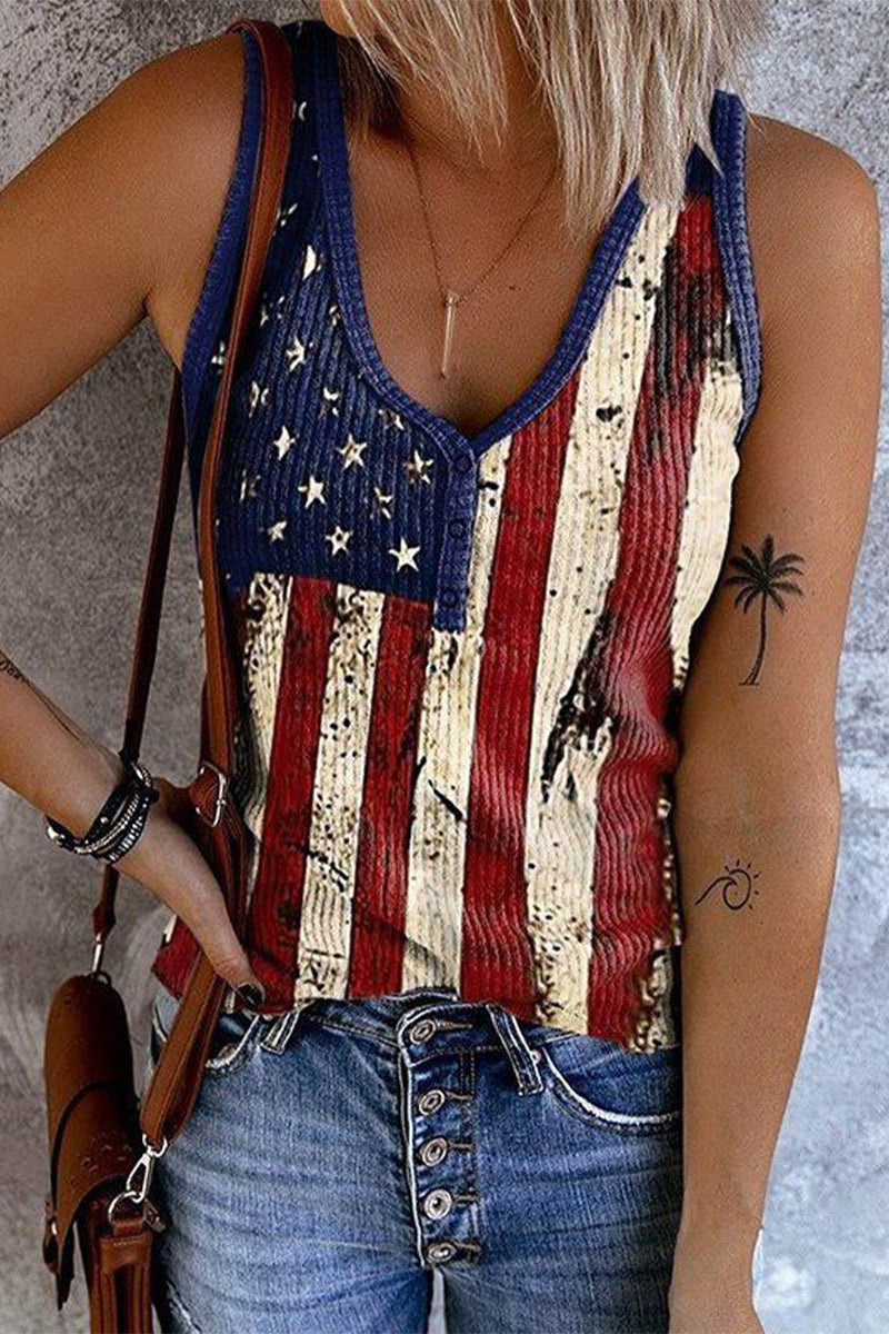 Flag Print Button Notched Neck Tank