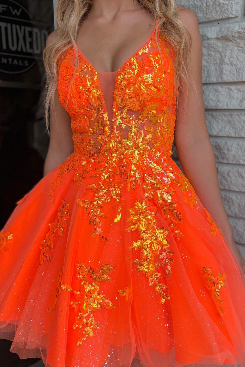 Orange Homecoming Dress A-Line Spaghetti Straps Short Prom Dress with Sequin