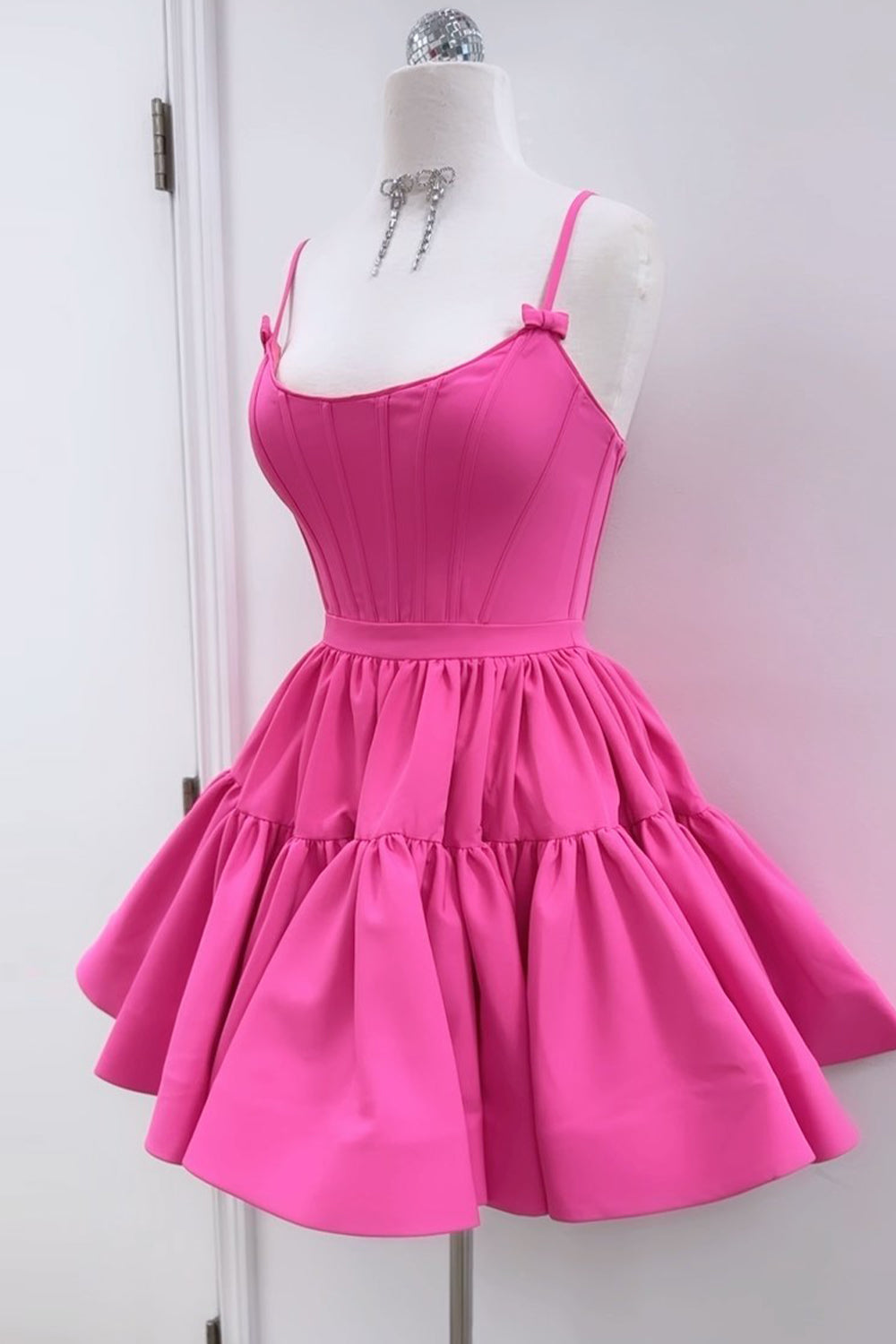 Fuchsia Homecoming Dress Spaghetti Straps Lace-Up Back A-Line Short Satin Prom Dress