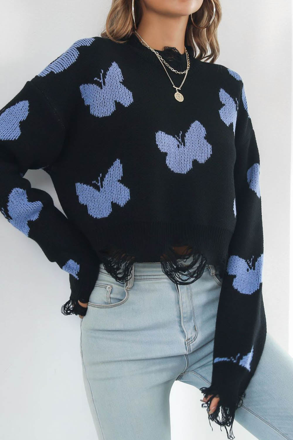 Ripped Butterfly Jacquard Cropped Sweater