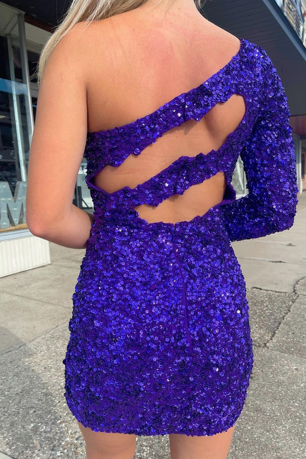 Golden Homecoming Dress Cut Out Open Back One Shoulder Sequin Prom Dress