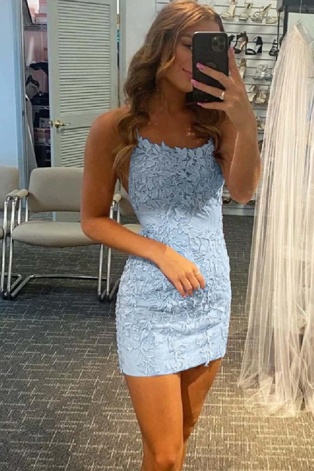 Sky Blue Homecoming Dress Short Tight Prom Dress with Lace Beading