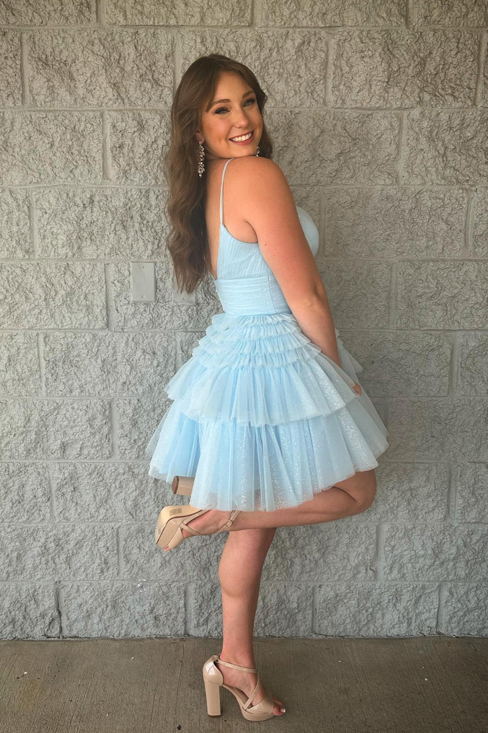 Light Blue Homecoming Dress A-Line Tulle Tiered Short Prom Dress