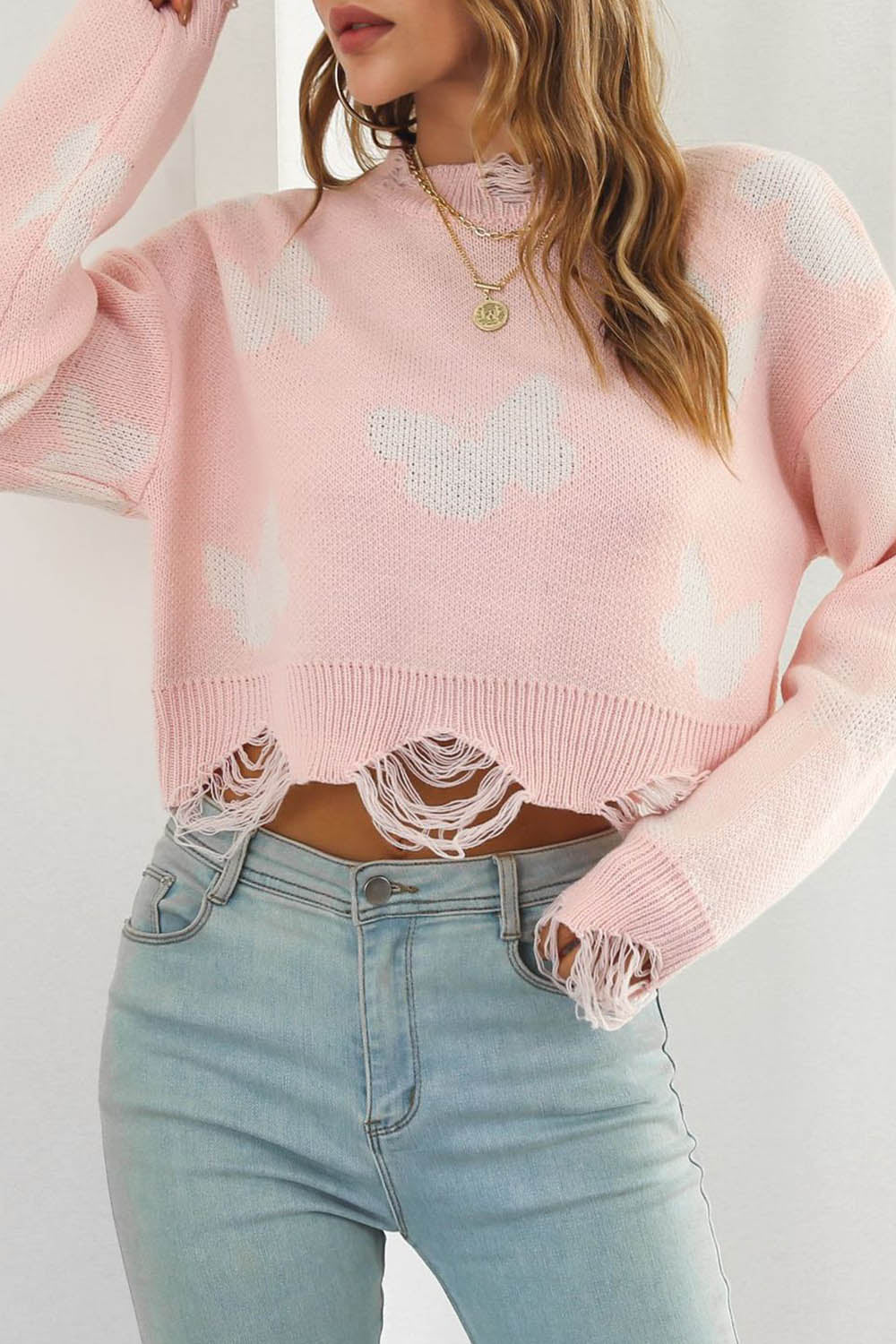 Ripped Butterfly Jacquard Cropped Sweater