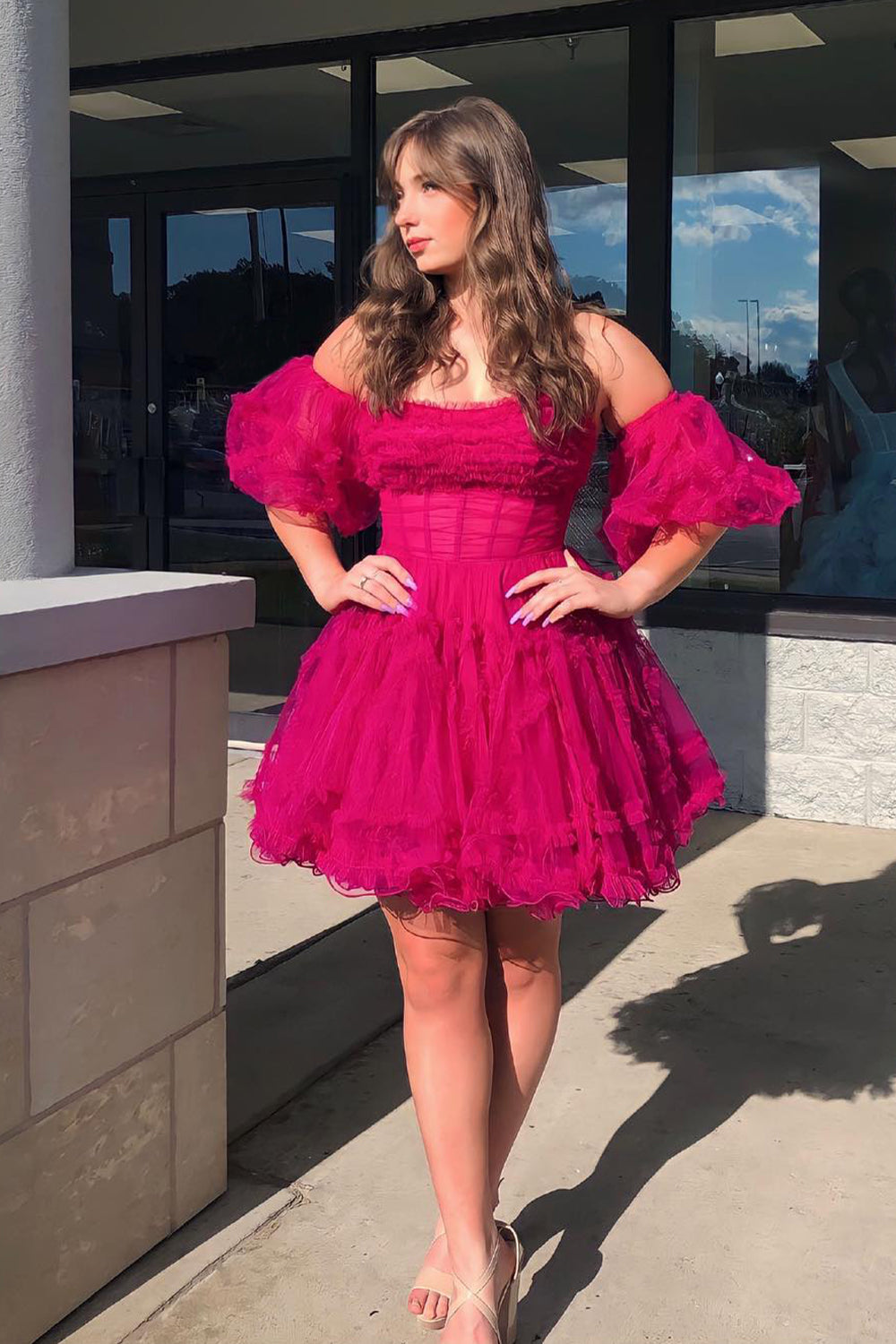 Fuchsia Homecoming Dress Corset Puff Sleeves A-Line Short Tulle Prom Dress with Ruffles