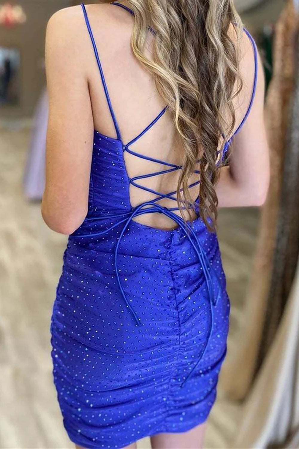 Navy Homecoming Dress Sequined Lace-Up Back Tight Prom Dress