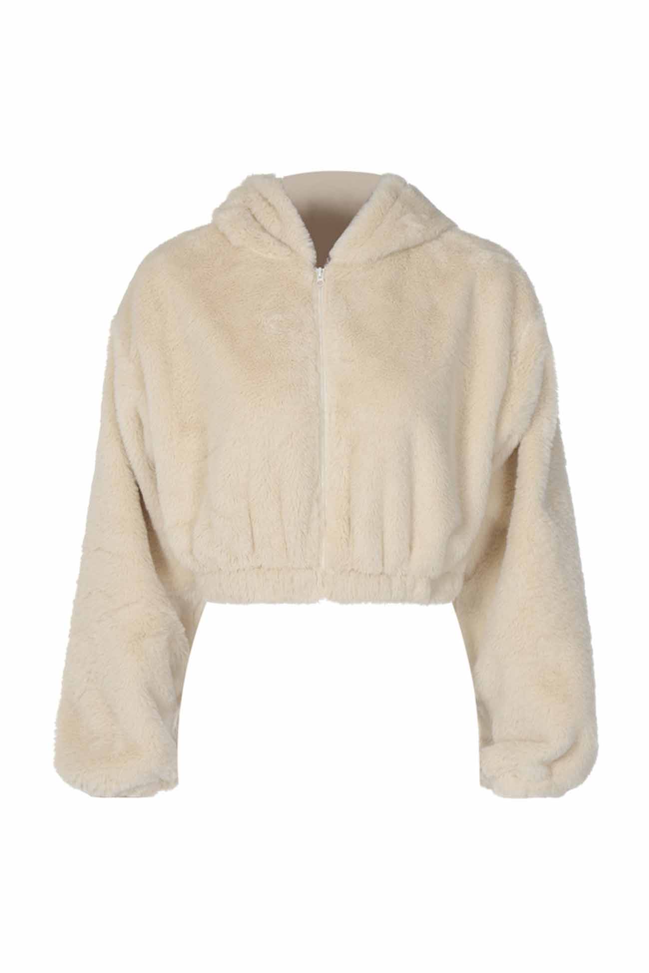 Solid Zippered Hooded Plush Jacket