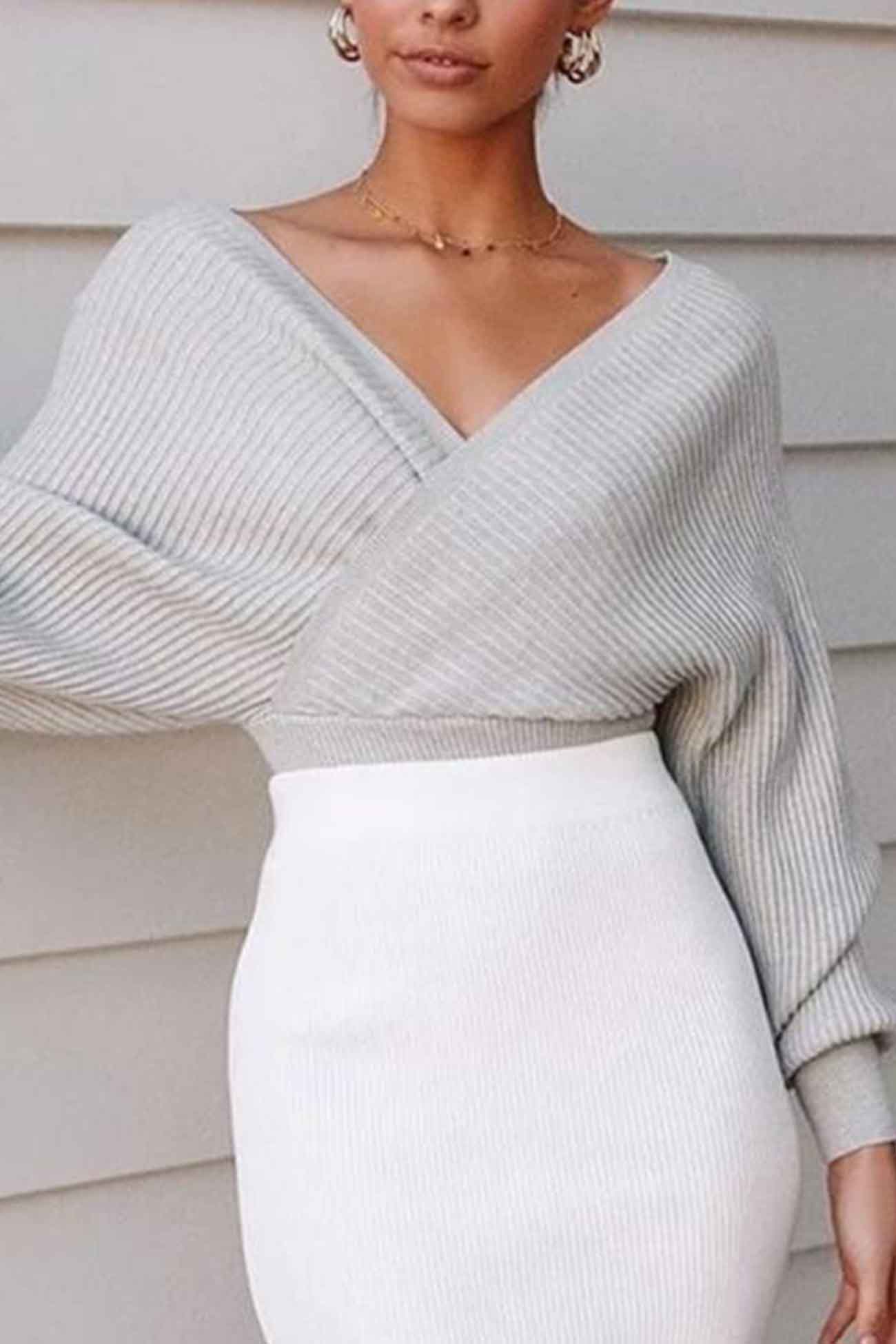 Solid Color Crossover Long Sleeve Knitted Sweater