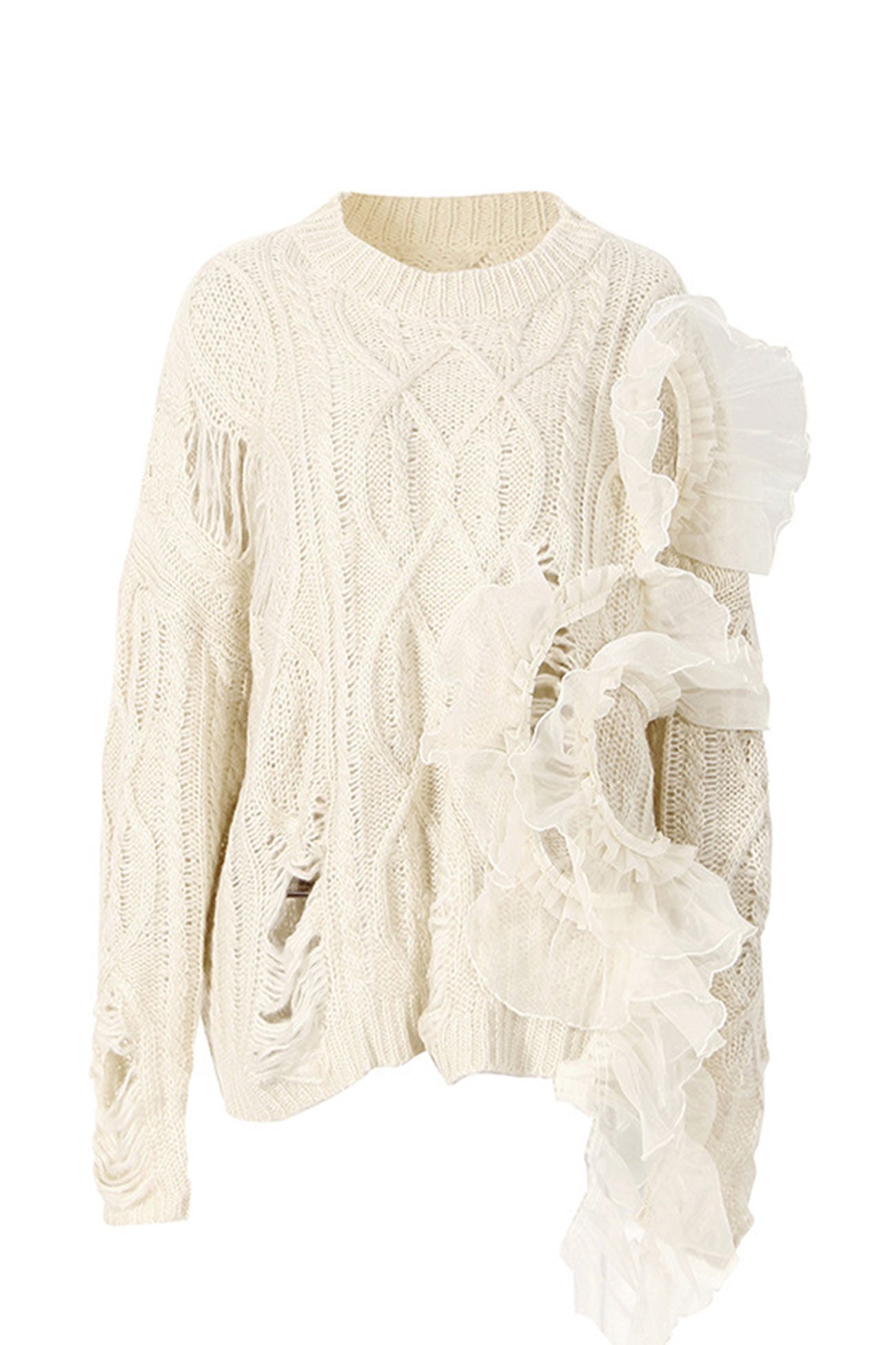 Beige Twist Ruffled Hole Sweater