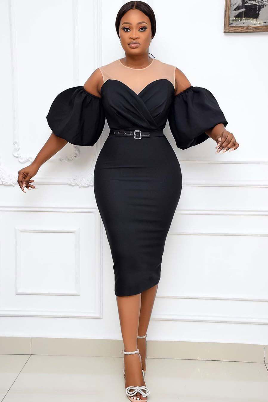 Black Off-the-Shoulder Mesh Panel Bodycon Dress - Mislish