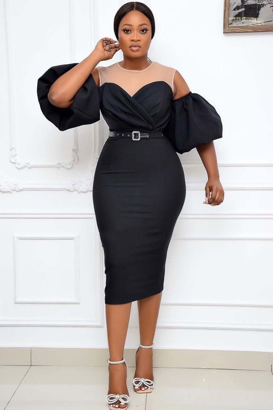 Black Off-the-Shoulder Mesh Panel Bodycon Dress