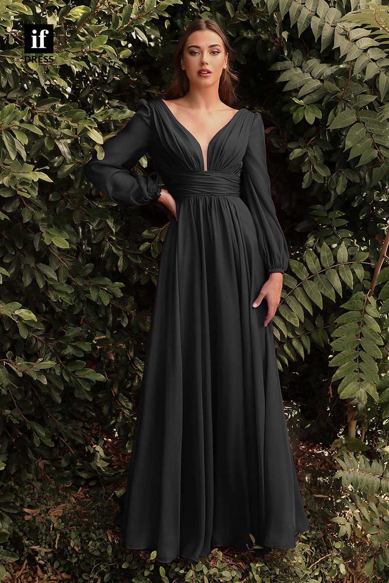 31925 - Elegant V-Neck Long Sleeves Chiffon Prom Evening Bridesmaid Dress