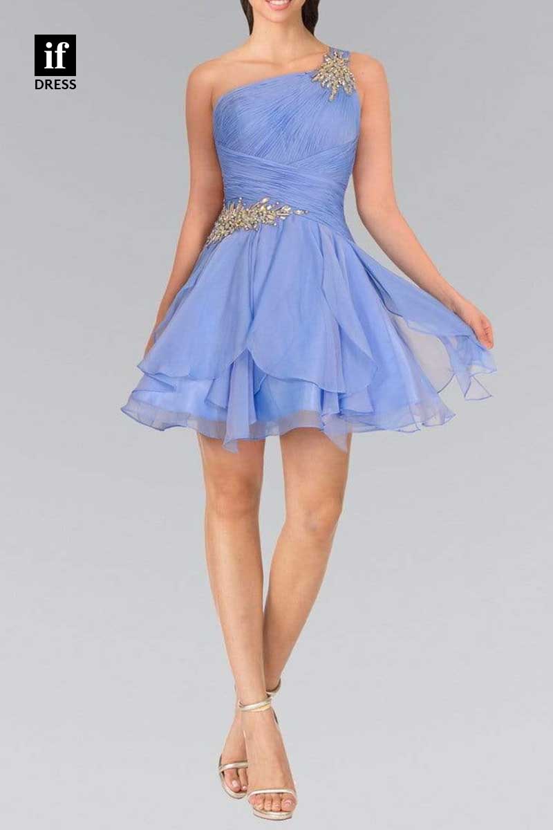 F1268 - Unique One Shoulder Ruched Beads A-Line Party Graduation Dress