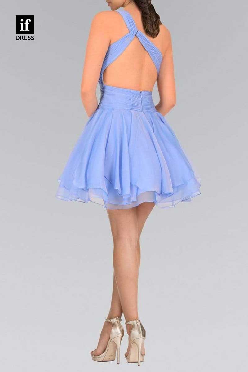 F1268 - Unique One Shoulder Ruched Beads A-Line Party Graduation Dress