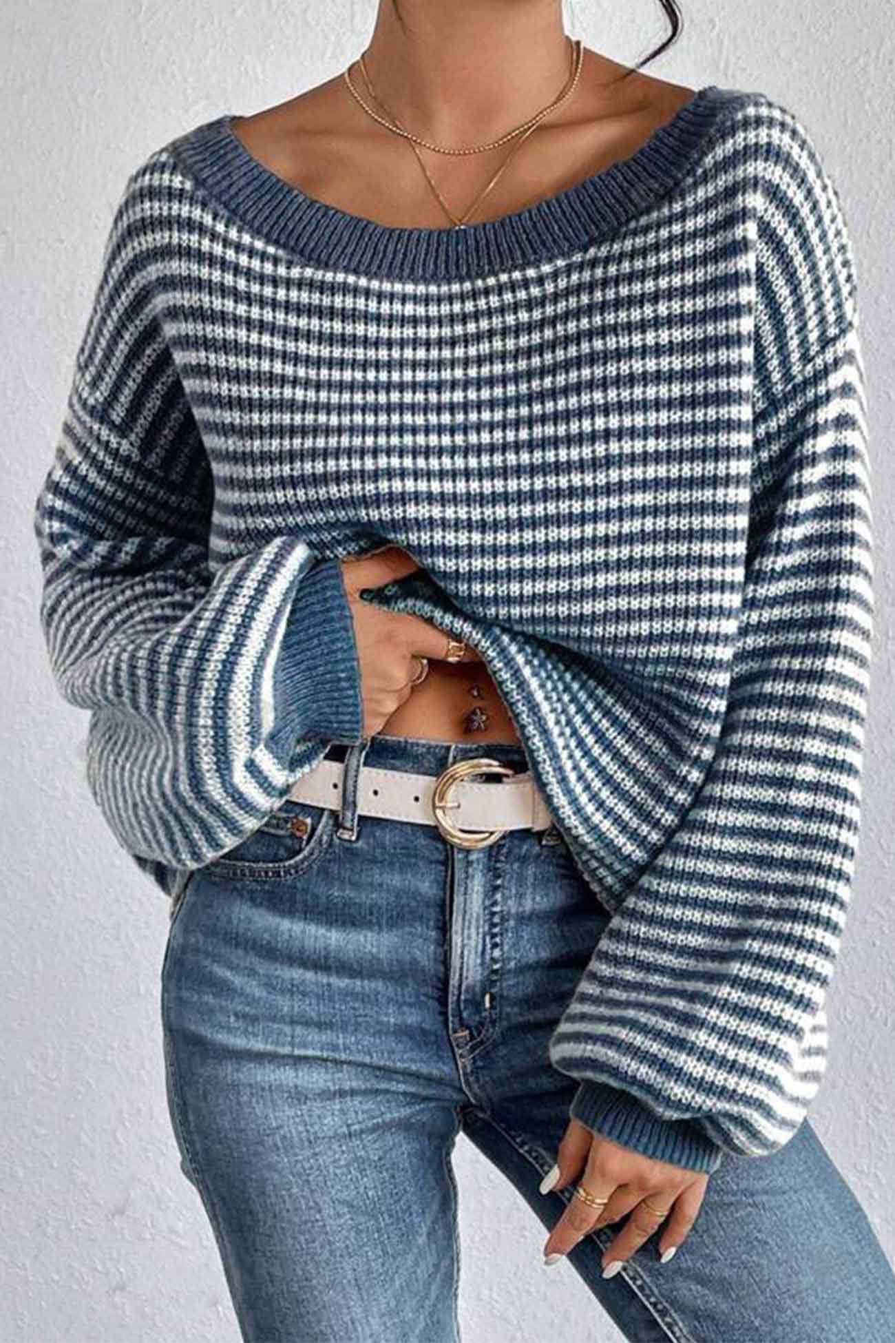 Boat Neck Drop Shoulder Striped Sweater