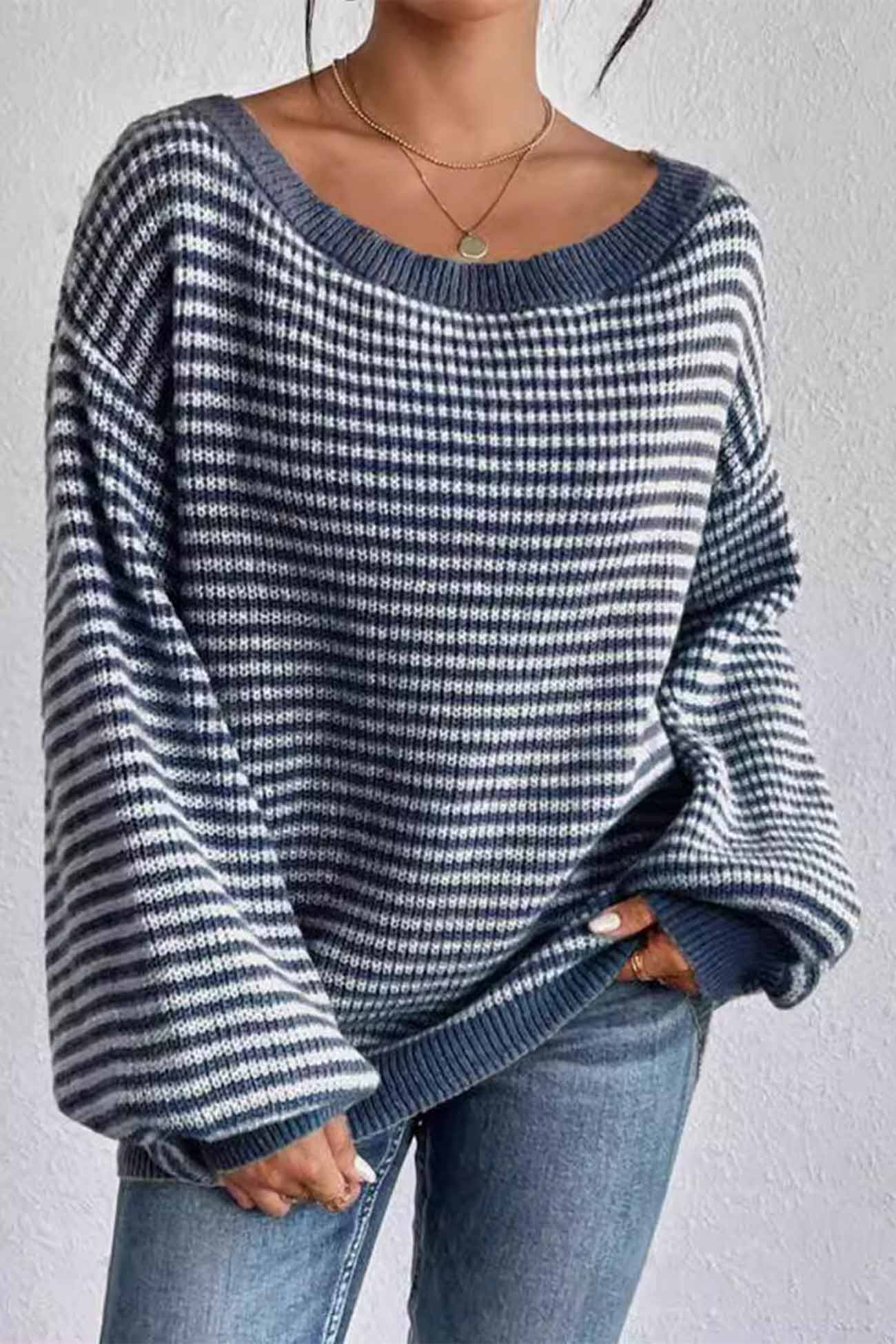 Boat Neck Drop Shoulder Striped Sweater