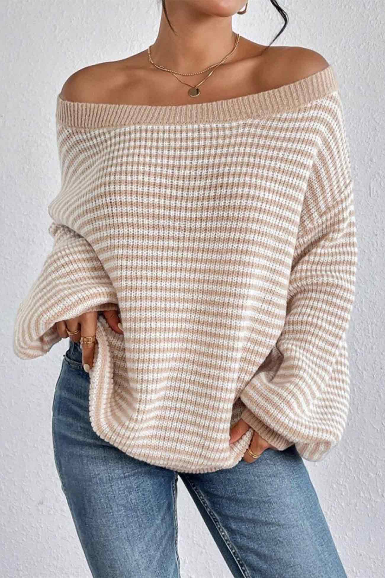 Boat Neck Drop Shoulder Striped Sweater