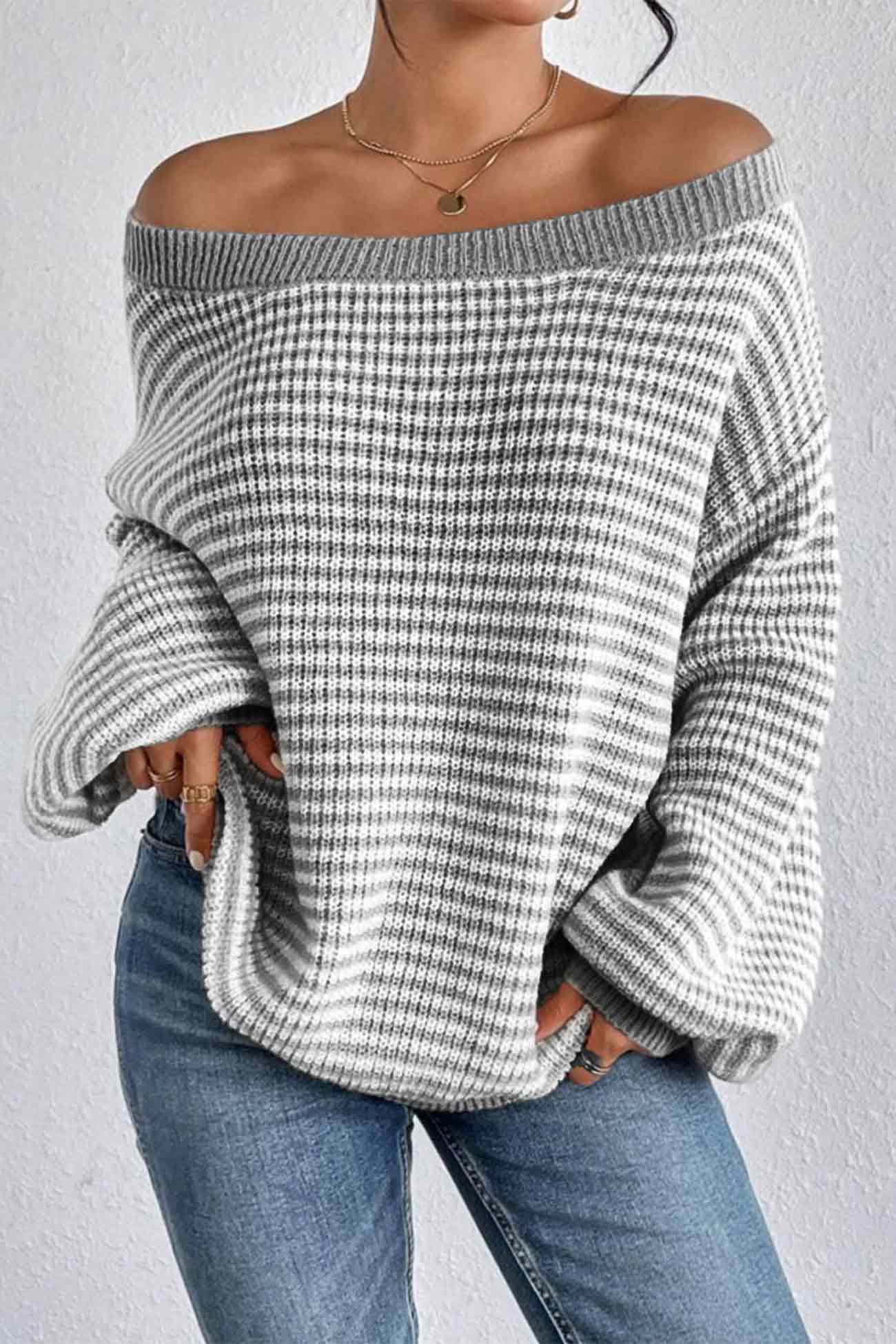 Boat Neck Drop Shoulder Striped Sweater