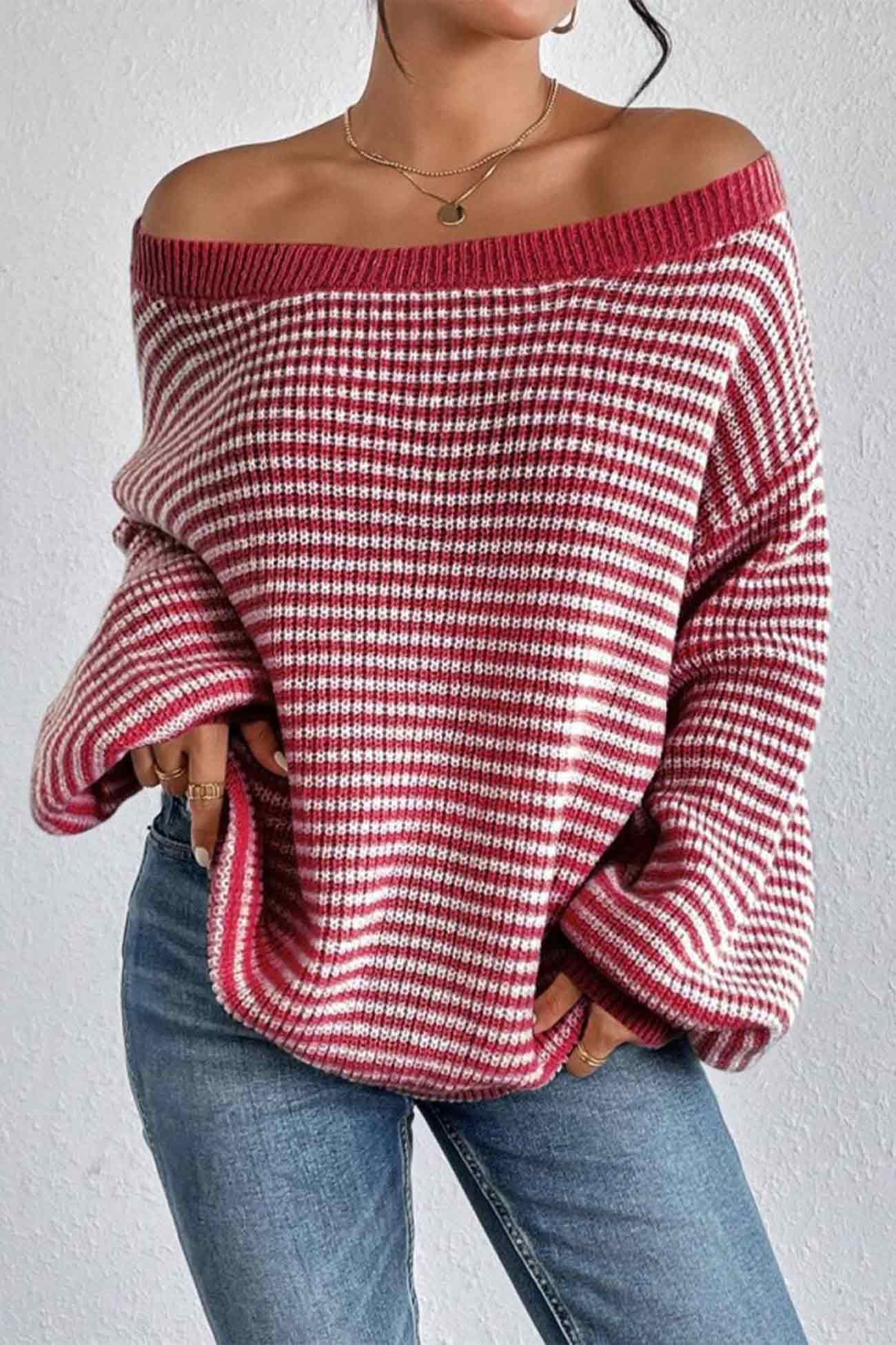 Boat Neck Drop Shoulder Striped Sweater