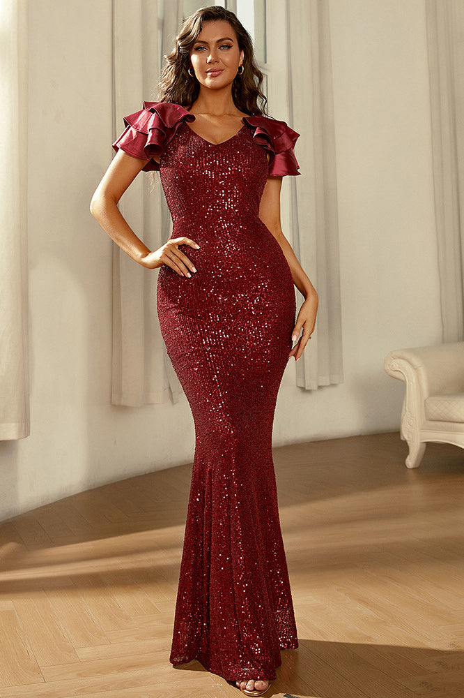 Burgundy Sequin Cap Sleeve V-Neck Mermaid Formal Evening Dress