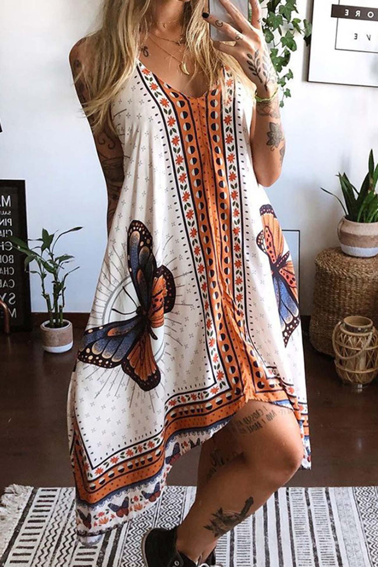 Butterfly Print Irregular Hem Halter Dress