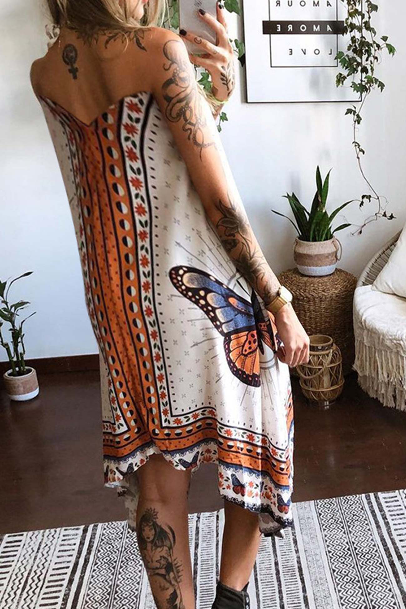 Butterfly Print Irregular Hem Halter Dress