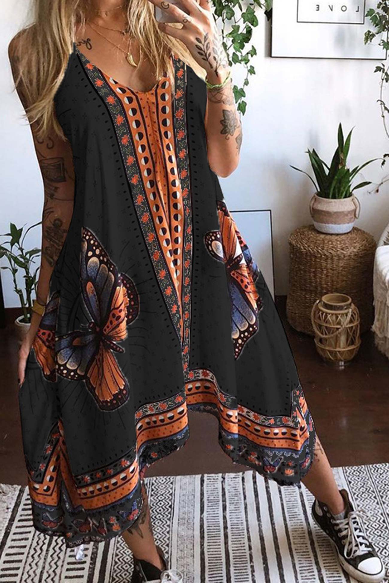 Butterfly Print Irregular Hem Halter Dress