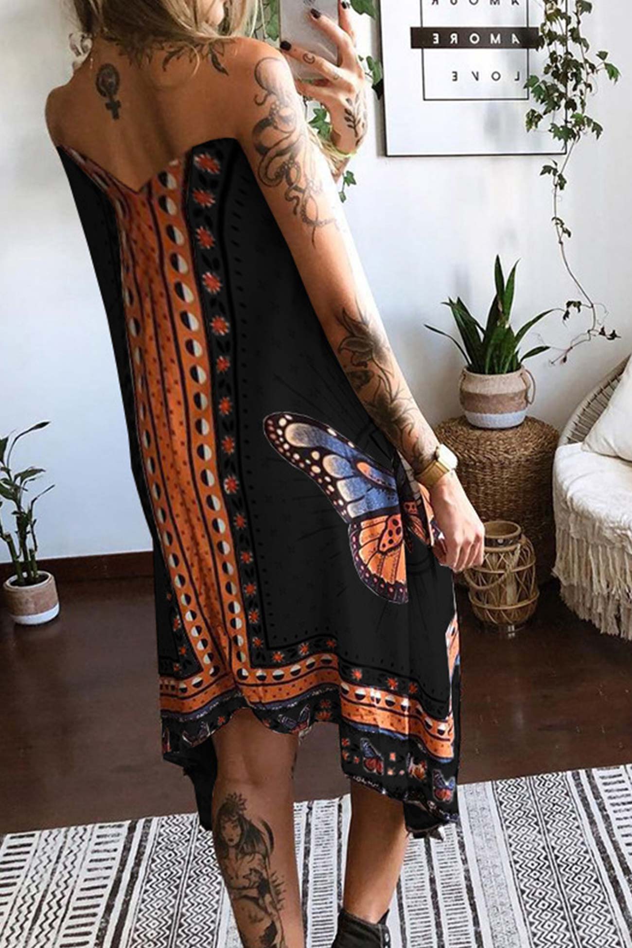 Butterfly Print Irregular Hem Halter Dress