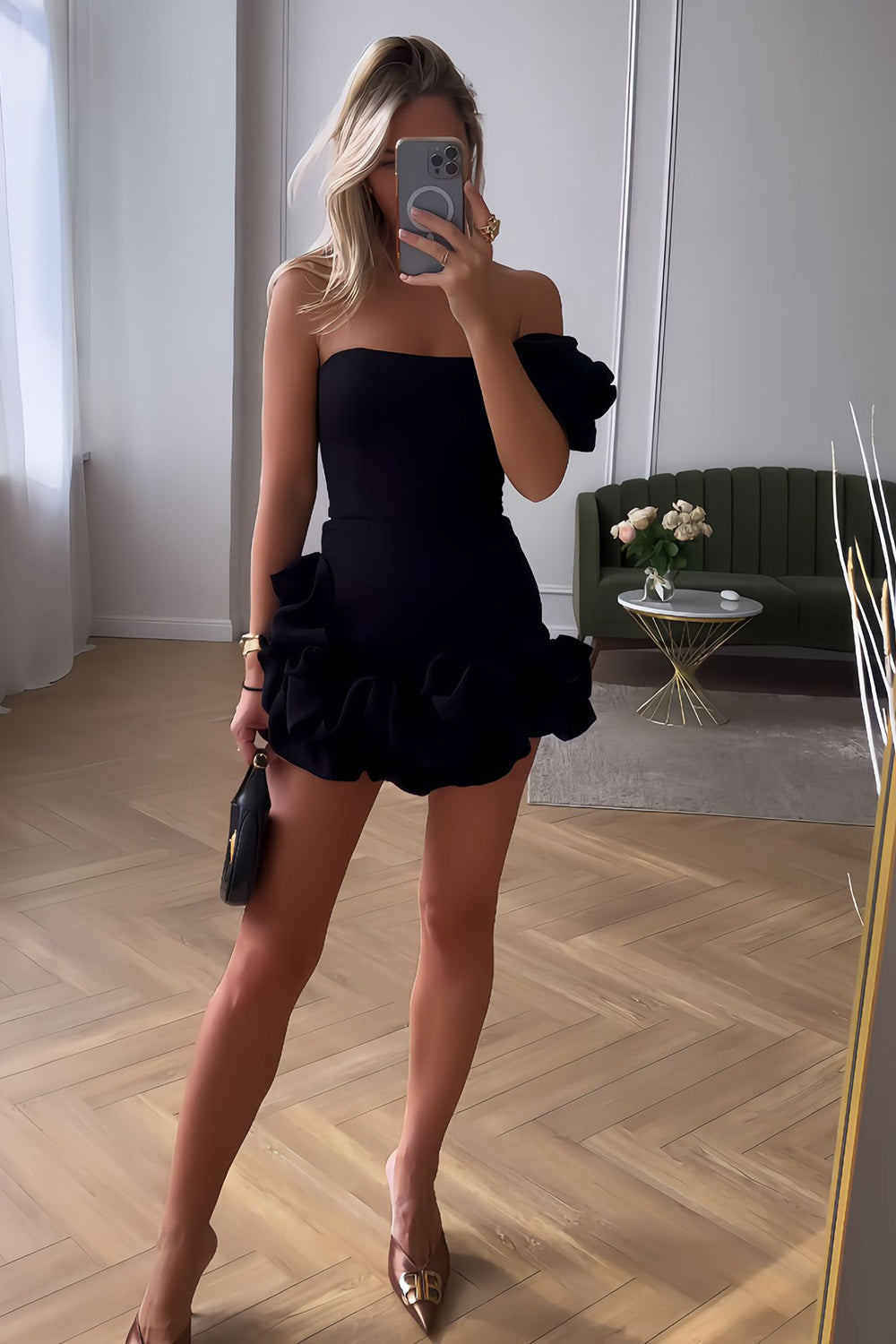 Black Homecoming Dress One Shoulder Ruffled Tight Short Prom Dress