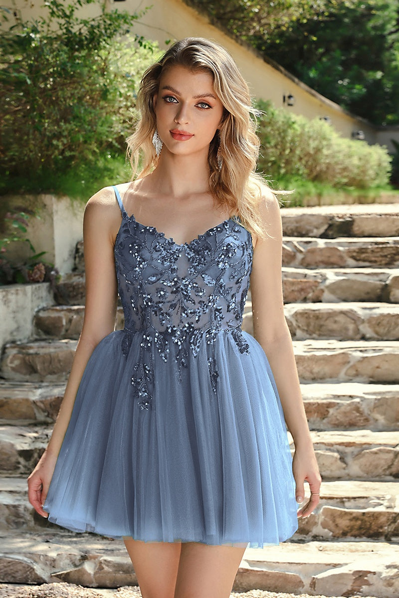 Spaghetti Straps Homecoming Dress Sequin A Line Tulle Short Prom Dress