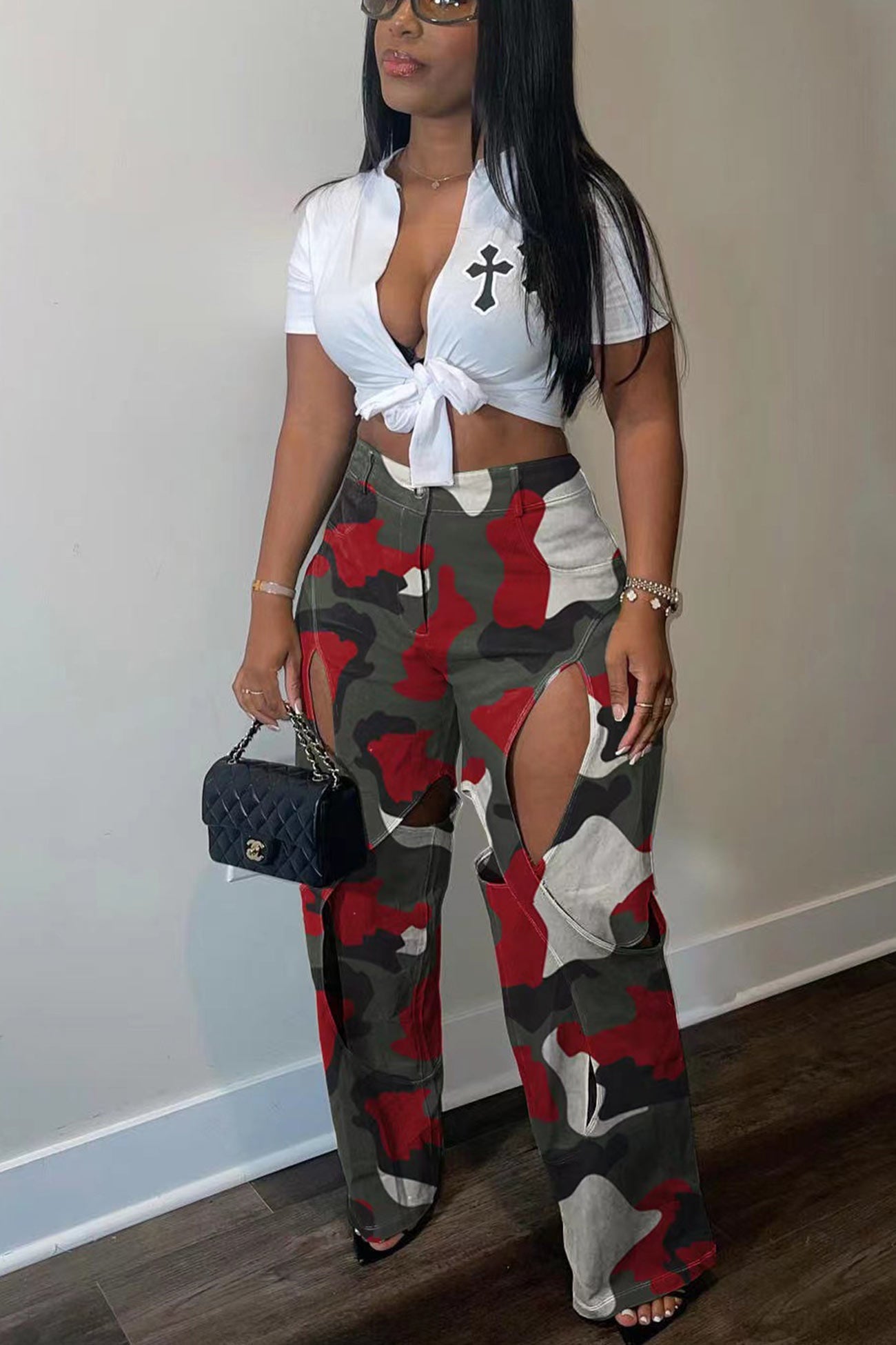 Camouflage Cutout Long Pants