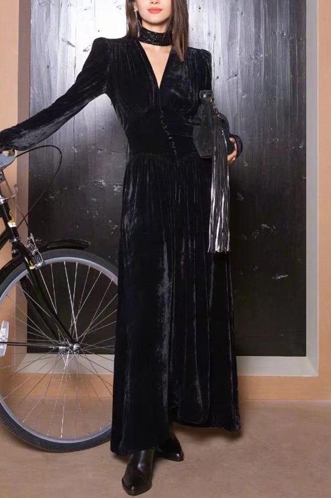 Celebrity Inspired Black Velvet Long Sleeve Prom Gown Evening Dress