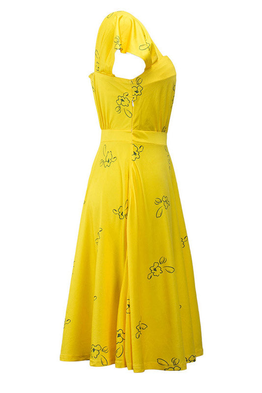 Celebrity Inspired Yellow Cap Sleeves A-Line Dress