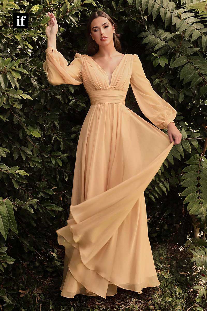 31925 - Elegant V-Neck Long Sleeves Chiffon Prom Evening Bridesmaid Dress