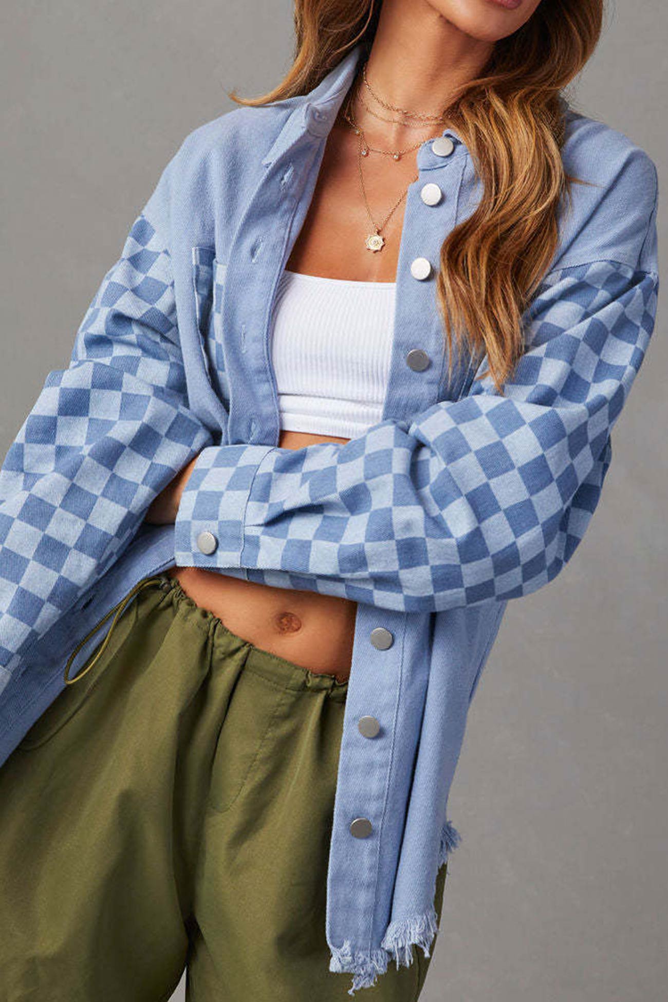 Checkerboard Patchwork Distressed Denim Jacket