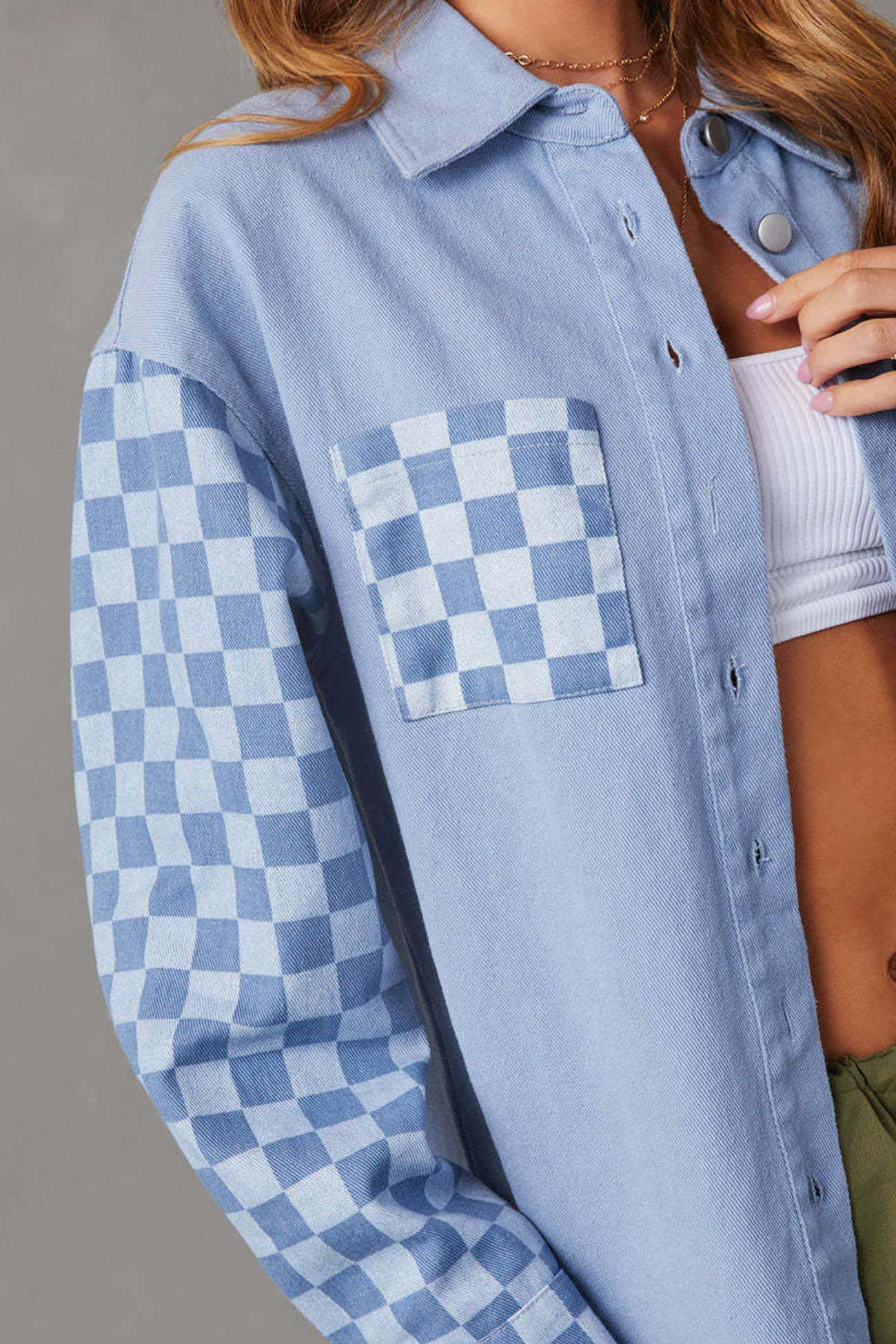 Checkerboard Patchwork Distressed Denim Jacket