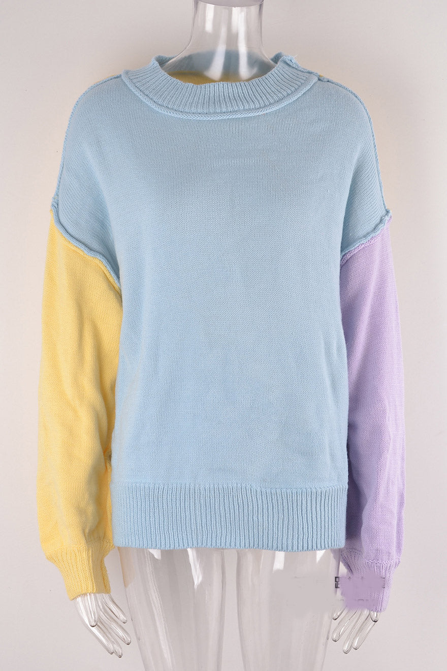 Chic Color Block Sky Blue Knitted Sweater