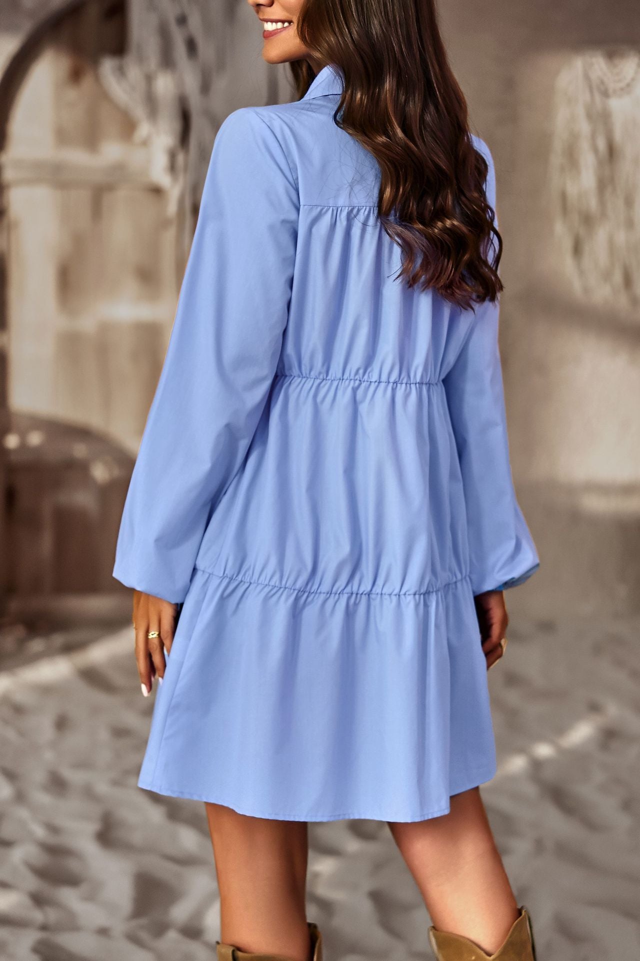 Chic Sky Blue Long Sleeve Shirt Dress