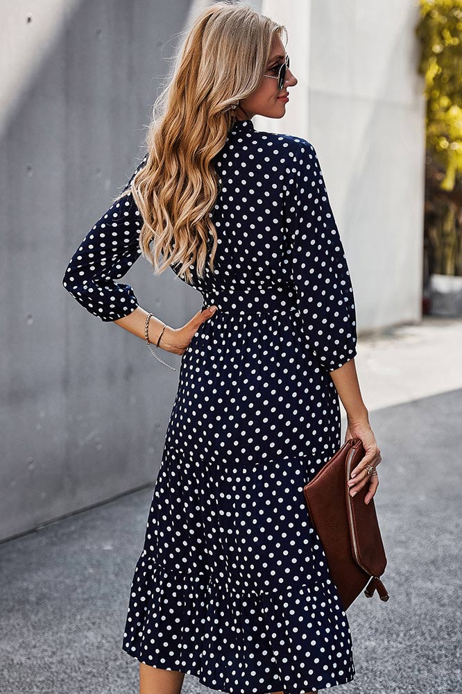 Classic Polka Dot Printed Gathered Waist  Midi Dress