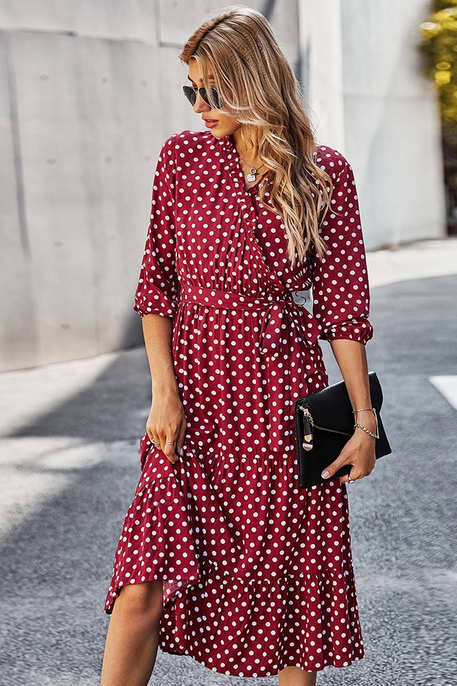 Classic Polka Dot Printed Gathered Waist  Midi Dress