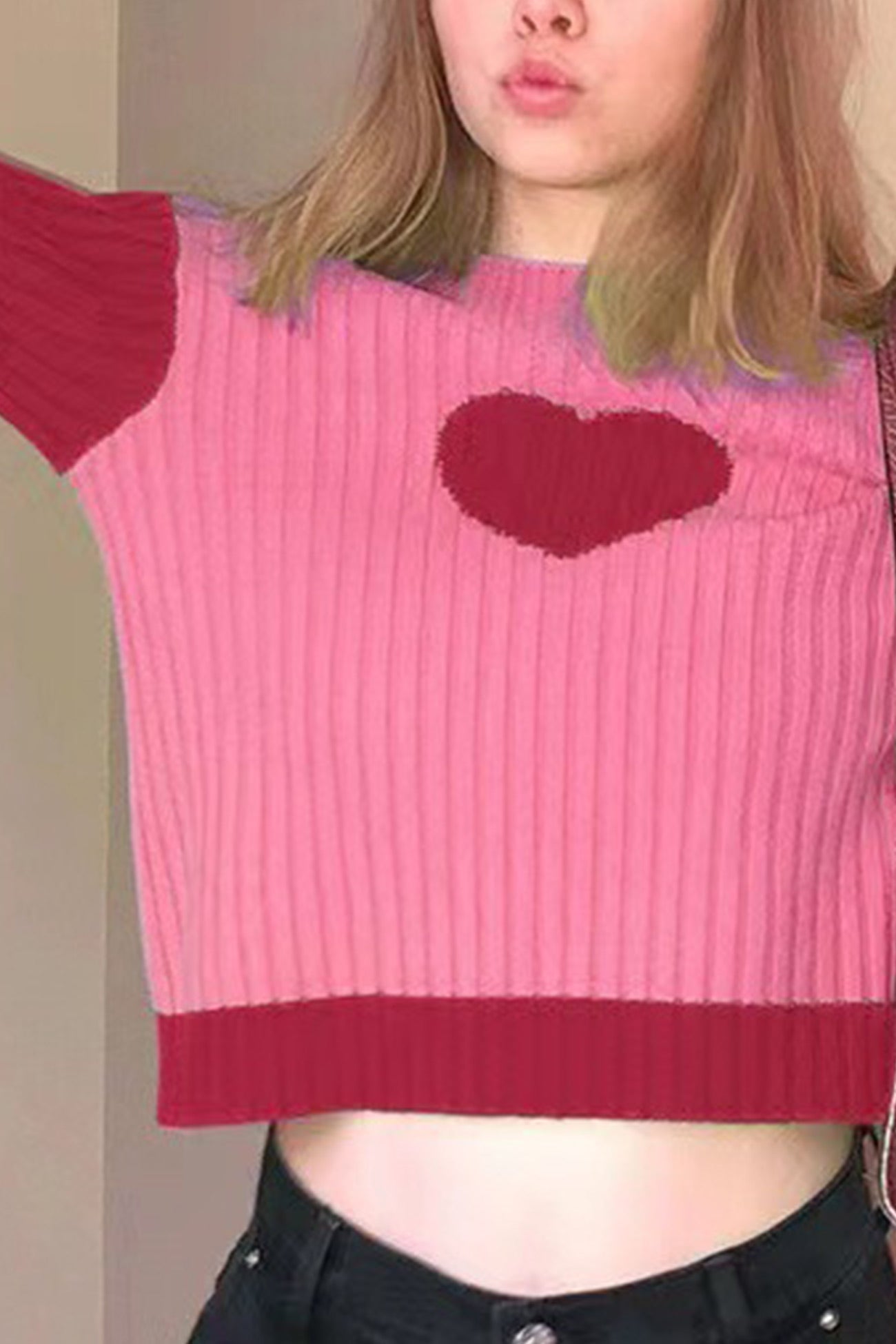 Contrast Mock Neck Heart Graphic Ribbed Knit Tops