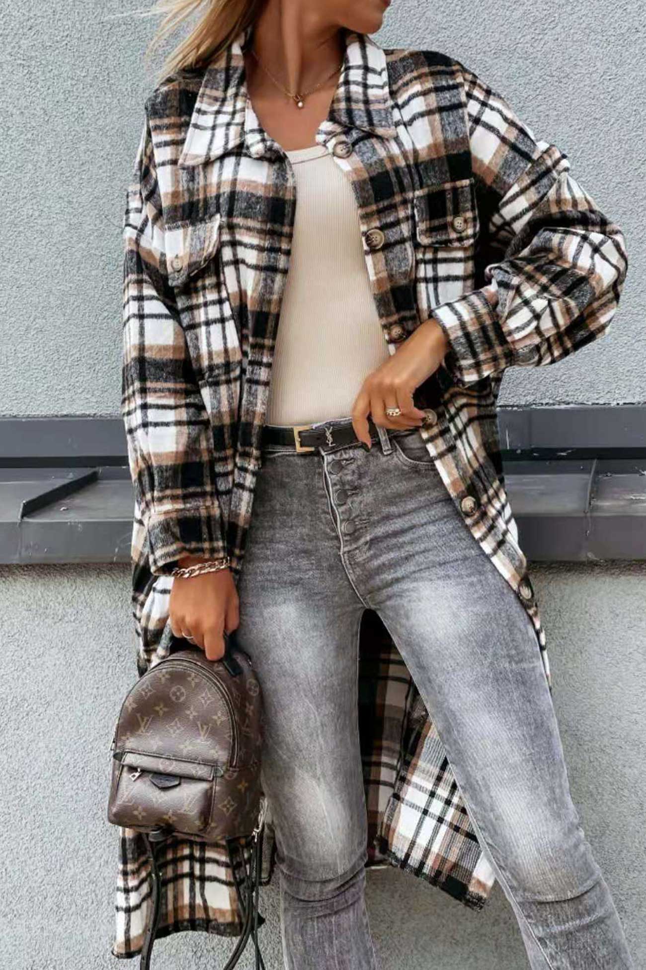 Contrast Plaid Long Shacket