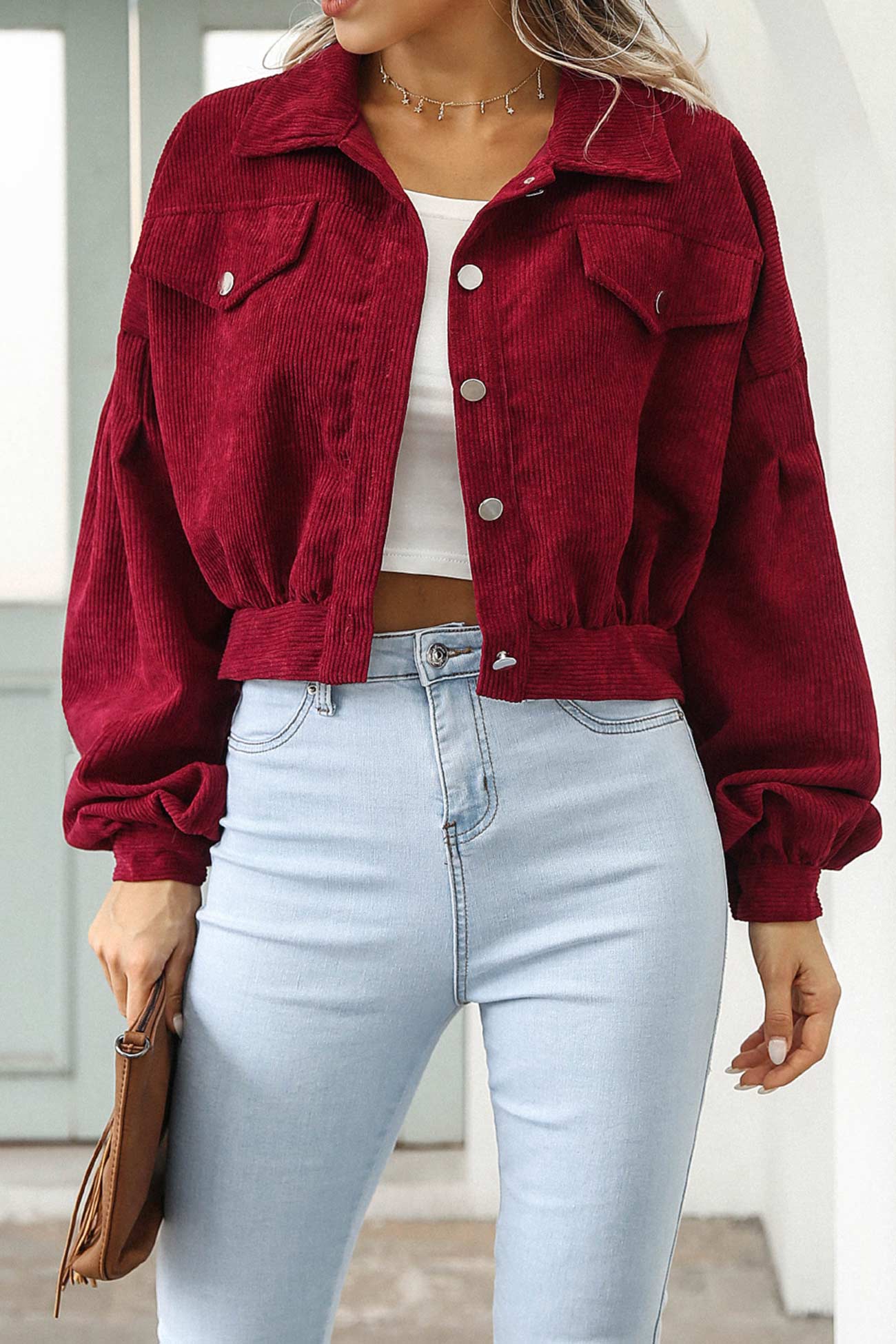 Corduroy Single-breasted Cropped Jacket