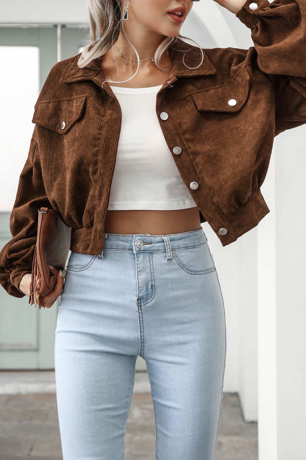 Corduroy Single-breasted Cropped Jacket